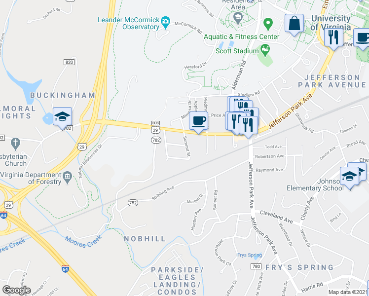 map of restaurants, bars, coffee shops, grocery stores, and more near 2500 Plateau Road in Charlottesville