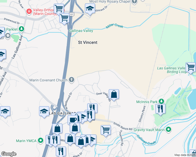 map of restaurants, bars, coffee shops, grocery stores, and more near 767 Deer Valley Road in San Rafael