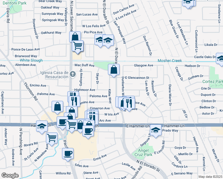 map of restaurants, bars, coffee shops, grocery stores, and more near 8302 Kiltie Way in Stockton