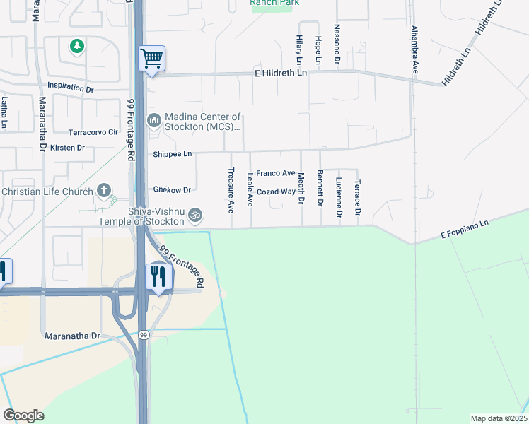 map of restaurants, bars, coffee shops, grocery stores, and more near 8319 Manor Circle in Stockton