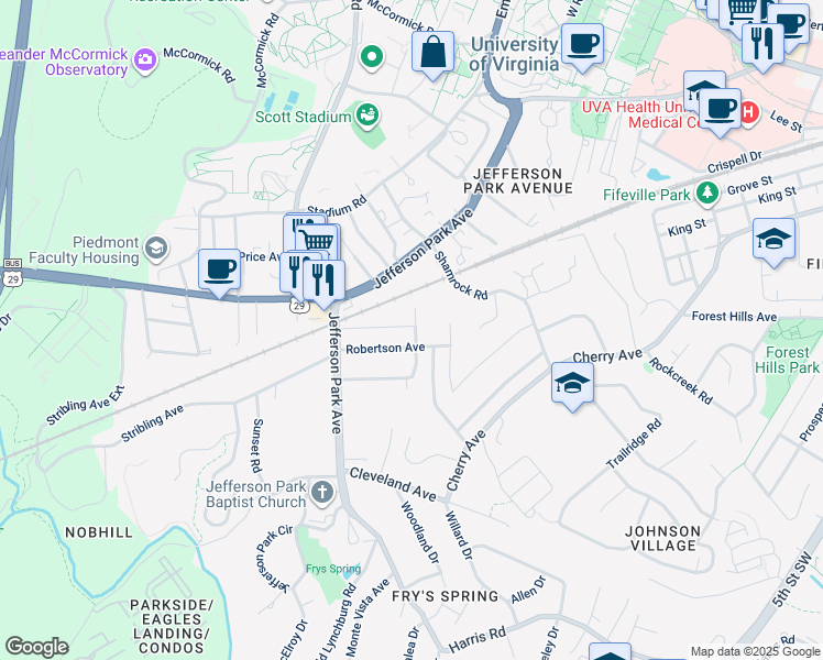 map of restaurants, bars, coffee shops, grocery stores, and more near 2217 Hill Street in Charlottesville