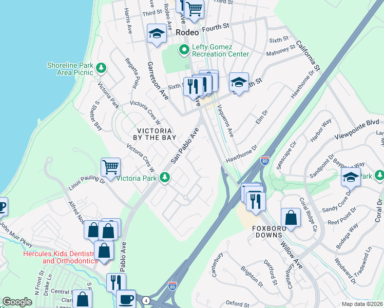 map of restaurants, bars, coffee shops, grocery stores, and more near 1009 Craftsman Drive in Hercules