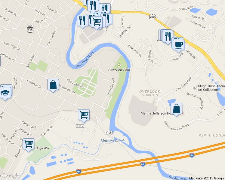 map of restaurants, bars, coffee shops, grocery stores, and more near 322 Riverside Avenue in Charlottesville