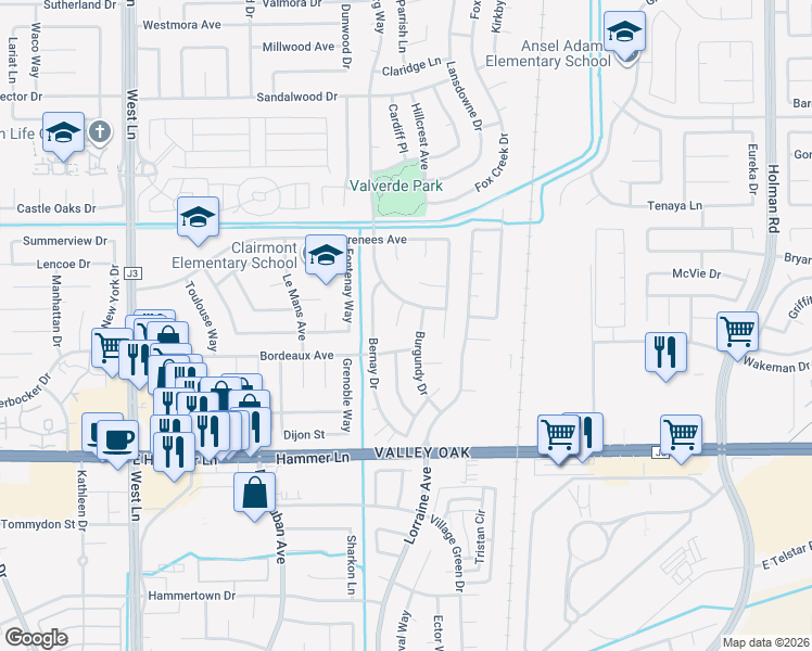 map of restaurants, bars, coffee shops, grocery stores, and more near 8330 Cherbourg Court in Stockton