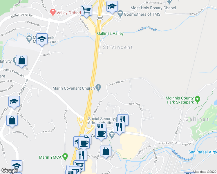 map of restaurants, bars, coffee shops, grocery stores, and more near 185 North Redwood Drive in San Rafael