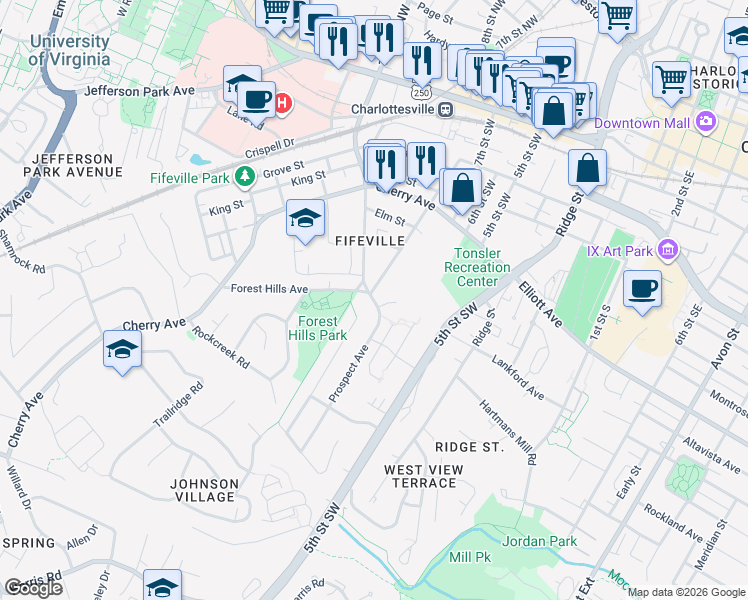 map of restaurants, bars, coffee shops, grocery stores, and more near 609 Prospect Avenue in Charlottesville