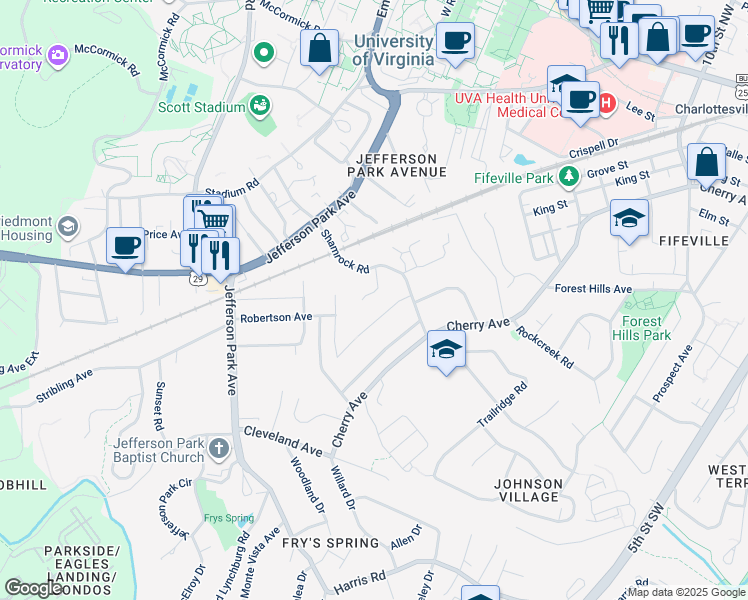 map of restaurants, bars, coffee shops, grocery stores, and more near 110 Stratford Court in Charlottesville