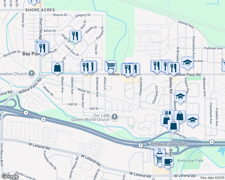 map of restaurants, bars, coffee shops, grocery stores, and more near 128 Tammy Circle in Bay Point