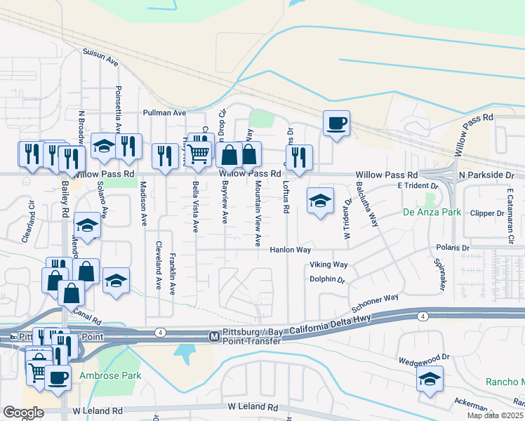map of restaurants, bars, coffee shops, grocery stores, and more near 49 Mountain View Avenue in Bay Point