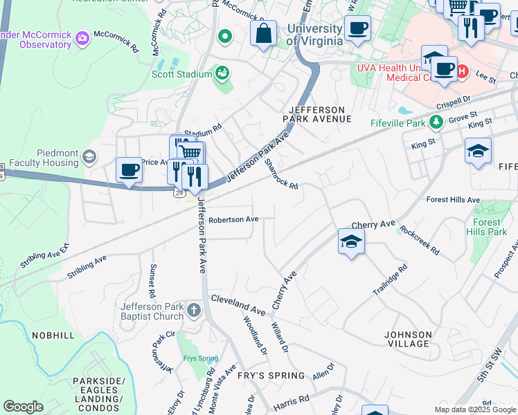 map of restaurants, bars, coffee shops, grocery stores, and more near 2200 Hill Street in Charlottesville