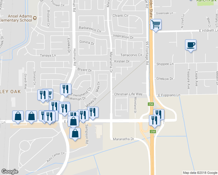 map of restaurants, bars, coffee shops, grocery stores, and more near 8223 Shay Circle in Stockton