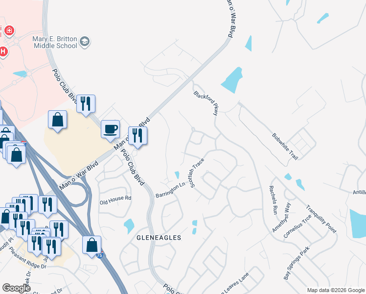 map of restaurants, bars, coffee shops, grocery stores, and more near 2889 Mahala Lane in Lexington