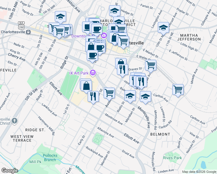 map of restaurants, bars, coffee shops, grocery stores, and more near 613 Monticello Ave in Charlottesville