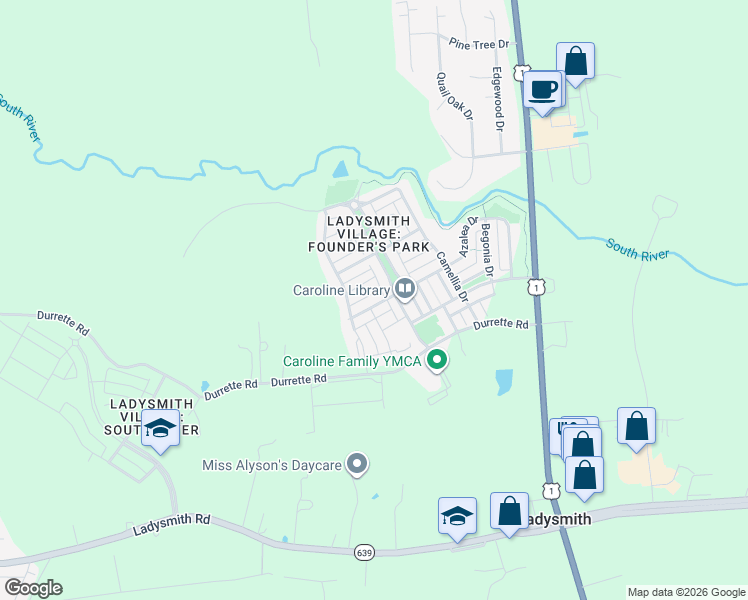 map of restaurants, bars, coffee shops, grocery stores, and more near 7141 Azalea Drive in Ruther Glen