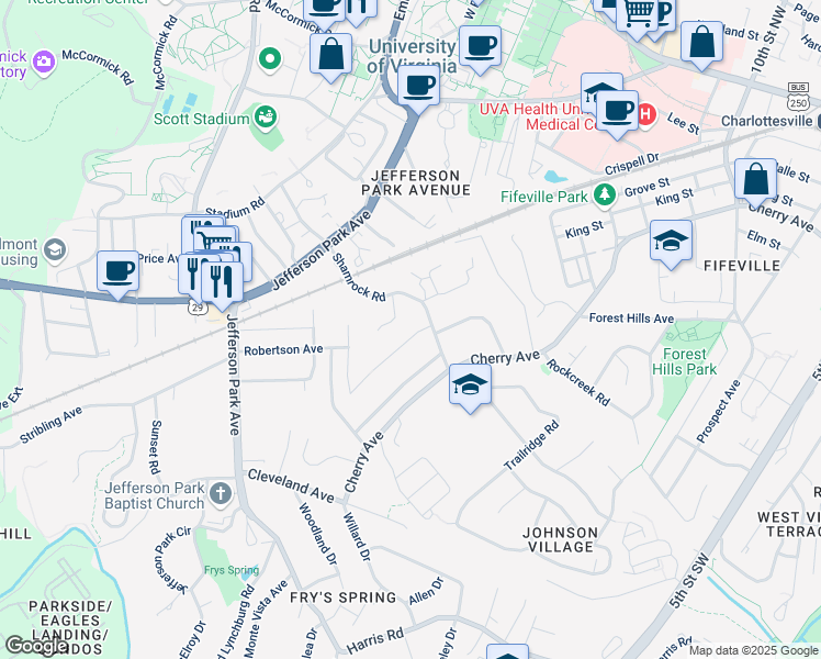 map of restaurants, bars, coffee shops, grocery stores, and more near 1607 Center Avenue in Charlottesville