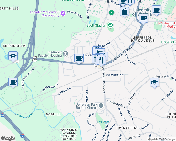 map of restaurants, bars, coffee shops, grocery stores, and more near 112 Montpelier Street in Charlottesville