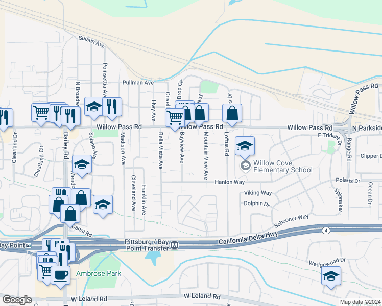 map of restaurants, bars, coffee shops, grocery stores, and more near 2 Bayview Avenue in Bay Point