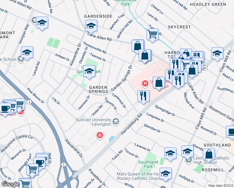 map of restaurants, bars, coffee shops, grocery stores, and more near 2108 Tamarack Drive in Lexington