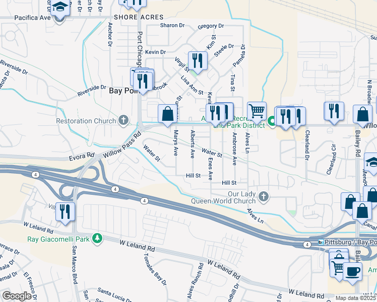 map of restaurants, bars, coffee shops, grocery stores, and more near 114 Alberts Avenue in Bay Point