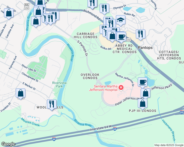map of restaurants, bars, coffee shops, grocery stores, and more near 364 South Pantops Drive in Charlottesville