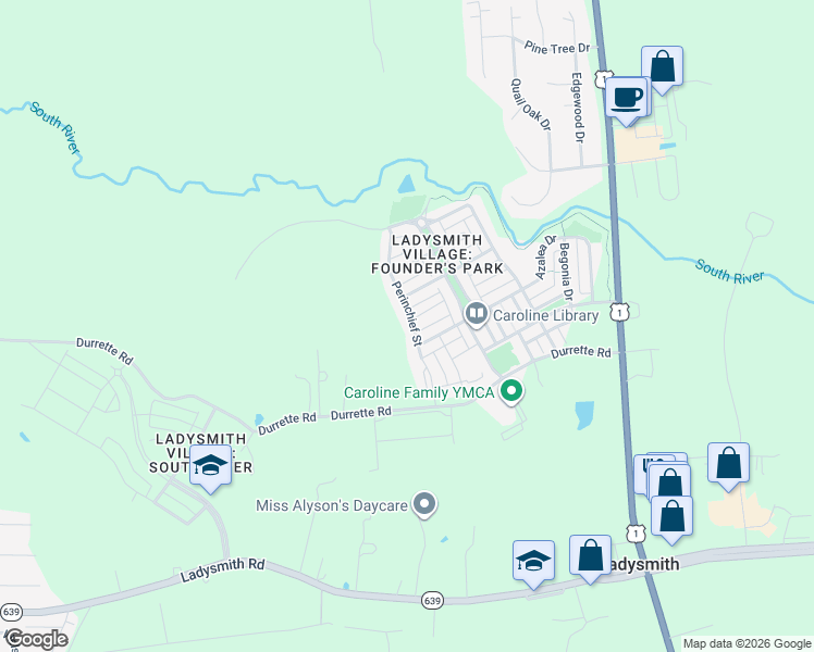 map of restaurants, bars, coffee shops, grocery stores, and more near 17216 Perinchief Street in Ruther Glen