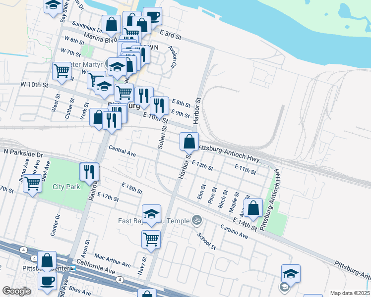 map of restaurants, bars, coffee shops, grocery stores, and more near 1100 Harbor Street in Pittsburg