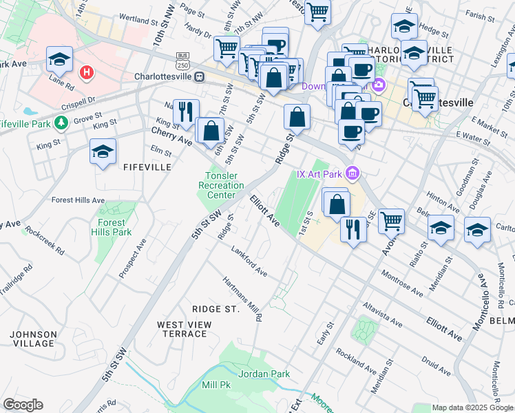 map of restaurants, bars, coffee shops, grocery stores, and more near 114 Elliott Avenue in Charlottesville