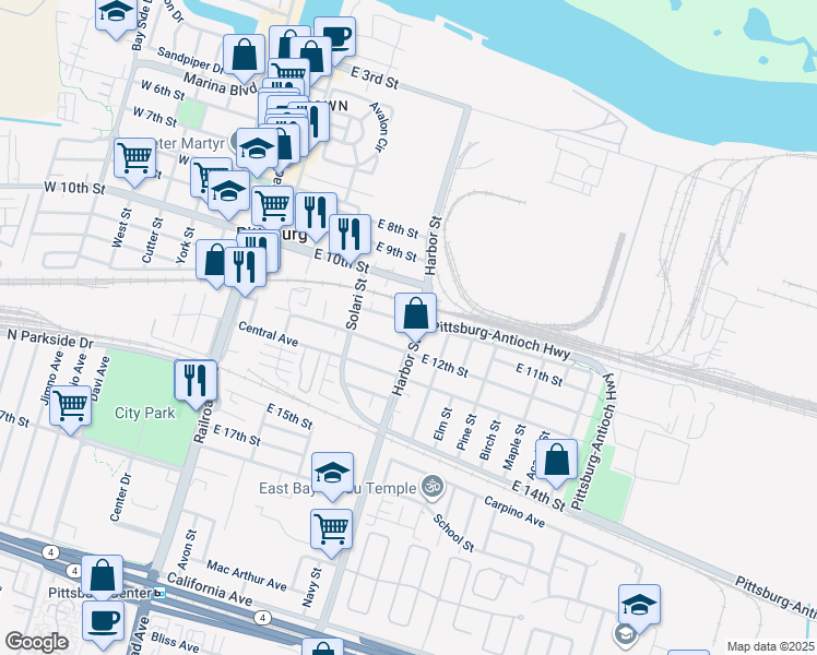 map of restaurants, bars, coffee shops, grocery stores, and more near 1100 Harbor Street in Pittsburg
