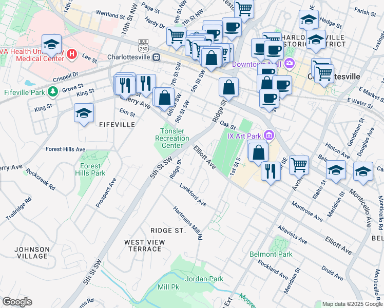 map of restaurants, bars, coffee shops, grocery stores, and more near 115 Penick Court in Charlottesville