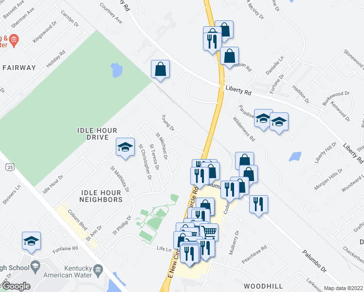 map of restaurants, bars, coffee shops, grocery stores, and more near 2220 Young Drive in Lexington
