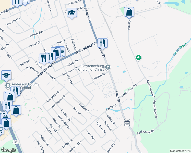 map of restaurants, bars, coffee shops, grocery stores, and more near 114 Franklin Street in Lawrenceburg