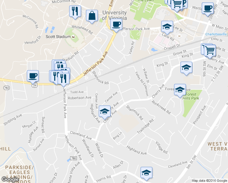 map of restaurants, bars, coffee shops, grocery stores, and more near 1607 Center Avenue in Charlottesville