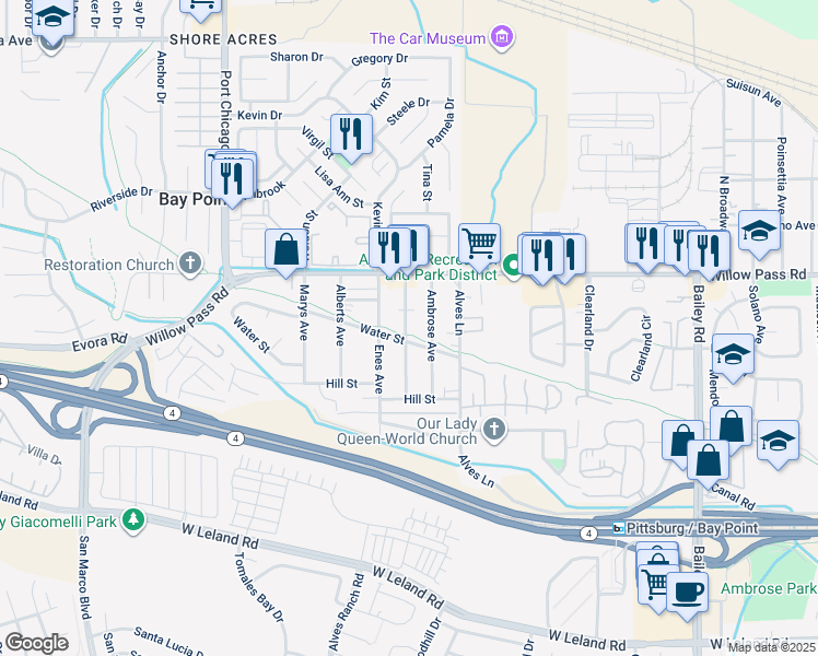 map of restaurants, bars, coffee shops, grocery stores, and more near 95 Marin Avenue in Bay Point