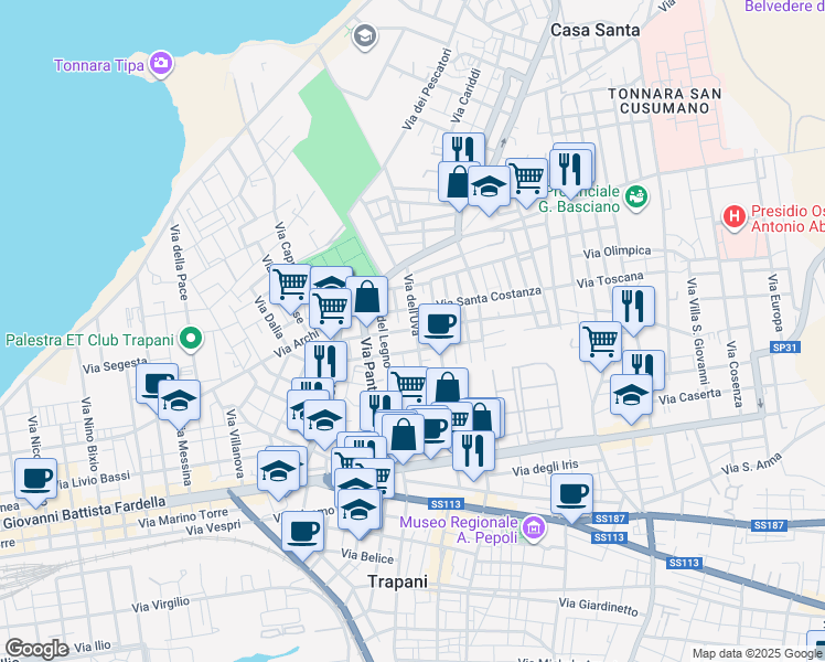map of restaurants, bars, coffee shops, grocery stores, and more near 64 Via del Cipresso in Trapani