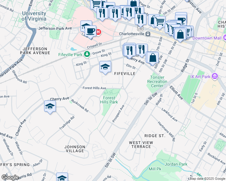 map of restaurants, bars, coffee shops, grocery stores, and more near 1022 Forest Hills Avenue in Charlottesville