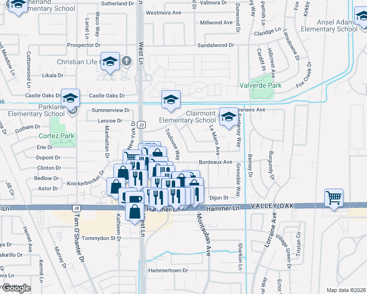 map of restaurants, bars, coffee shops, grocery stores, and more near 8250 Toulouse Way in Stockton