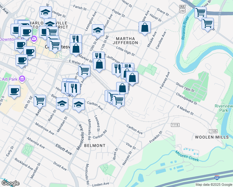 map of restaurants, bars, coffee shops, grocery stores, and more near 1111 East Water Street in Charlottesville