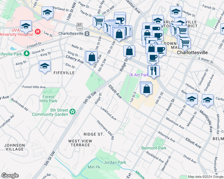 map of restaurants, bars, coffee shops, grocery stores, and more near 133 Elliott Avenue in Charlottesville