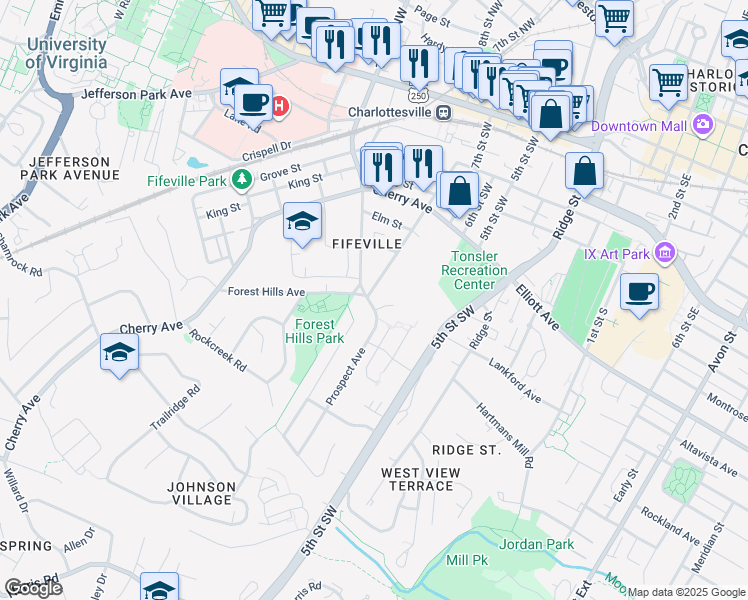 map of restaurants, bars, coffee shops, grocery stores, and more near 609 Prospect Avenue in Charlottesville
