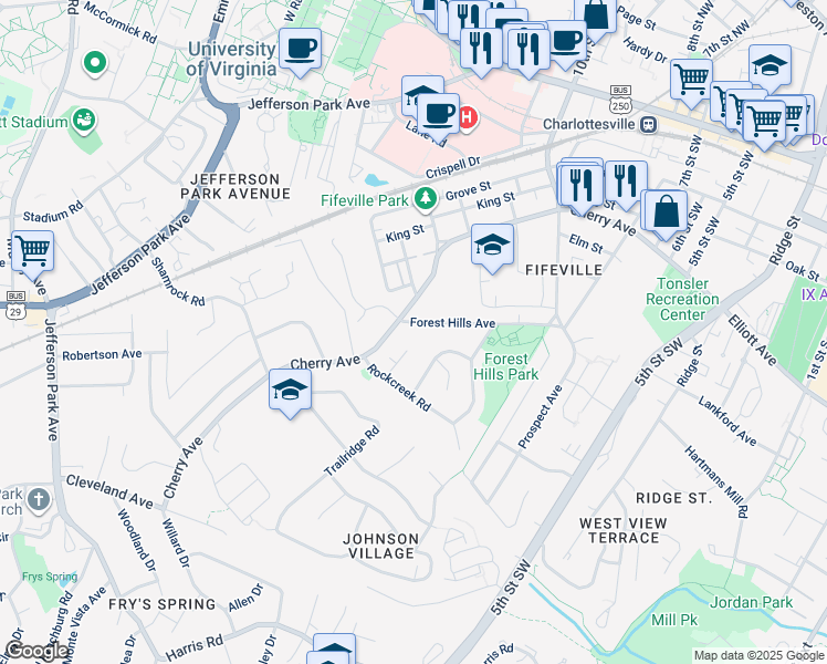 map of restaurants, bars, coffee shops, grocery stores, and more near 108 Laurel Circle in Charlottesville