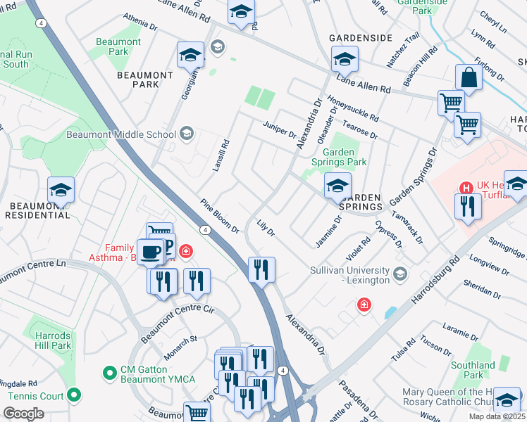 map of restaurants, bars, coffee shops, grocery stores, and more near 2147 Alexandria Drive in Lexington