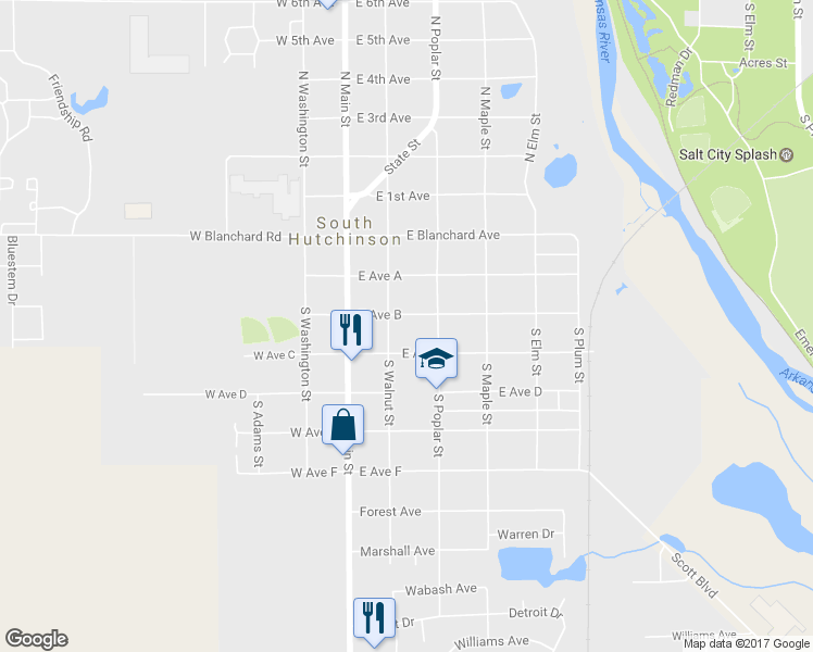 map of restaurants, bars, coffee shops, grocery stores, and more near 101AE East Avenue B in South Hutchinson