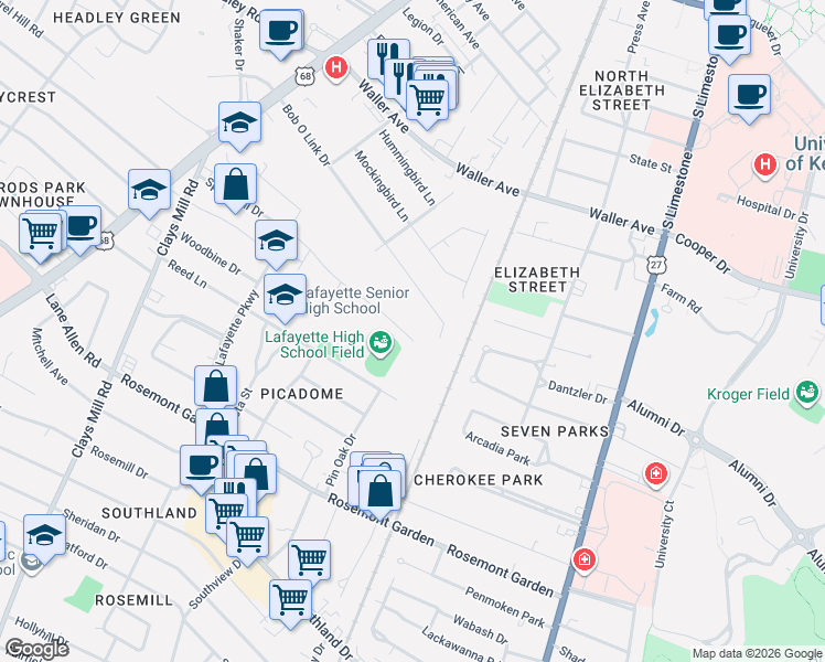 map of restaurants, bars, coffee shops, grocery stores, and more near 401 Springhill Drive in Lexington