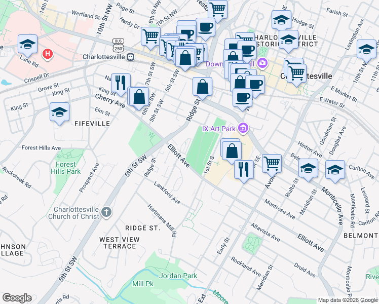 map of restaurants, bars, coffee shops, grocery stores, and more near Almere Avenue in Charlottesville