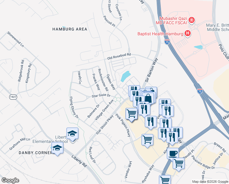 map of restaurants, bars, coffee shops, grocery stores, and more near 2468 Rockminster Road in Lexington