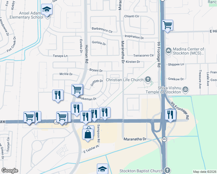 map of restaurants, bars, coffee shops, grocery stores, and more near 8049 Shay Circle in Stockton