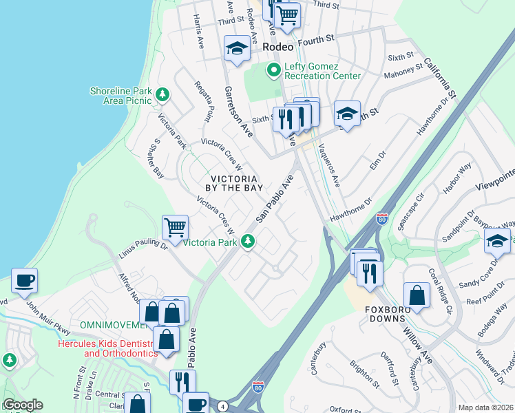 map of restaurants, bars, coffee shops, grocery stores, and more near 1000 Salt Spray Terrace in Hercules