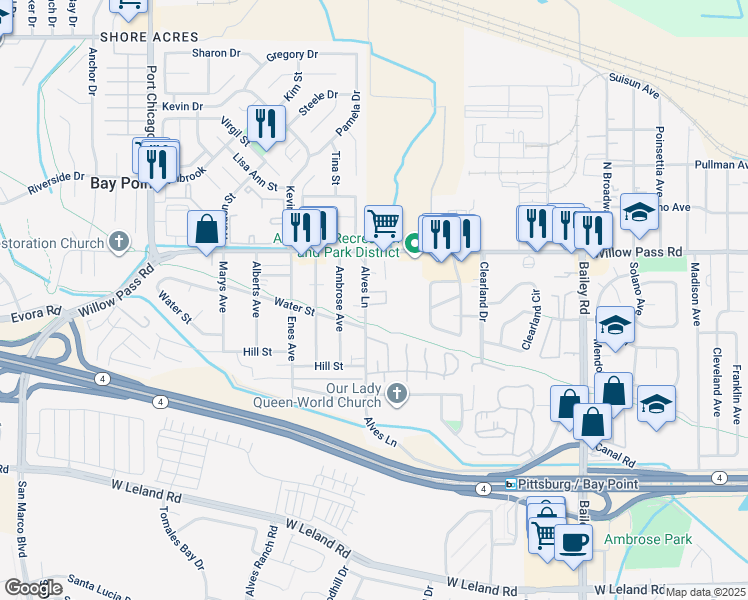 map of restaurants, bars, coffee shops, grocery stores, and more near 107 Tammy Circle in Bay Point