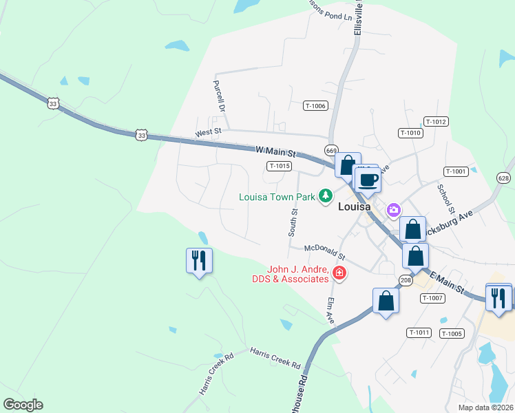 map of restaurants, bars, coffee shops, grocery stores, and more near 331 Cardinal Road in Louisa