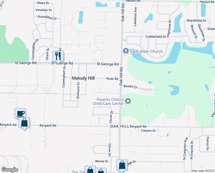 map of restaurants, bars, coffee shops, grocery stores, and more near 5121 Oak Hill Road in Evansville